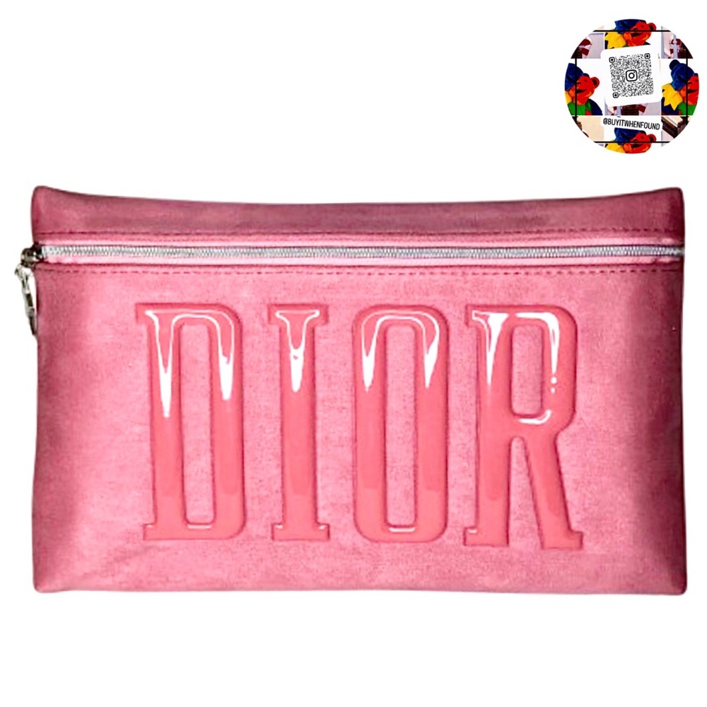 DIOR Logo Embossed Pink Sueded Top Zipper Clutch NWOT